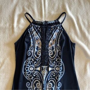 INC Blue and White Bead Embellished Mini Dress